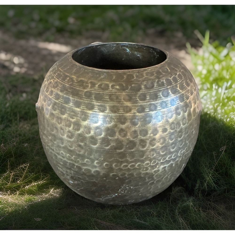 Vintage Hammered Brass‎ Round Pot Mid Century Modern Planter